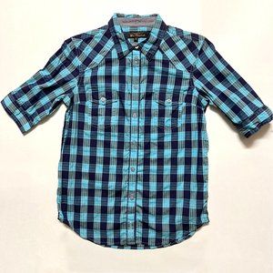 Ben Sherman Blue Square Print Short Sleeve Button Down Shirt (S)